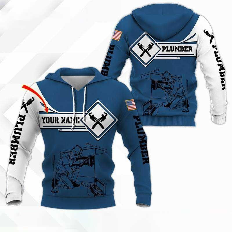 Personalized plumber hoodie featuring blue white plumbing tools all-over print