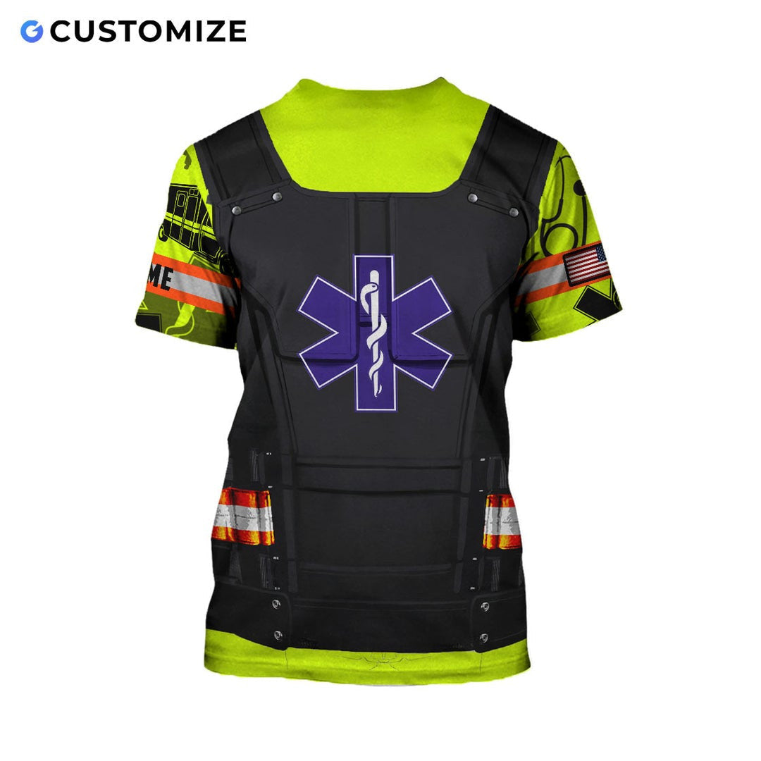 Personalized EMS paramedic t-shirt featuring purple star of life vest print all-over print, back view