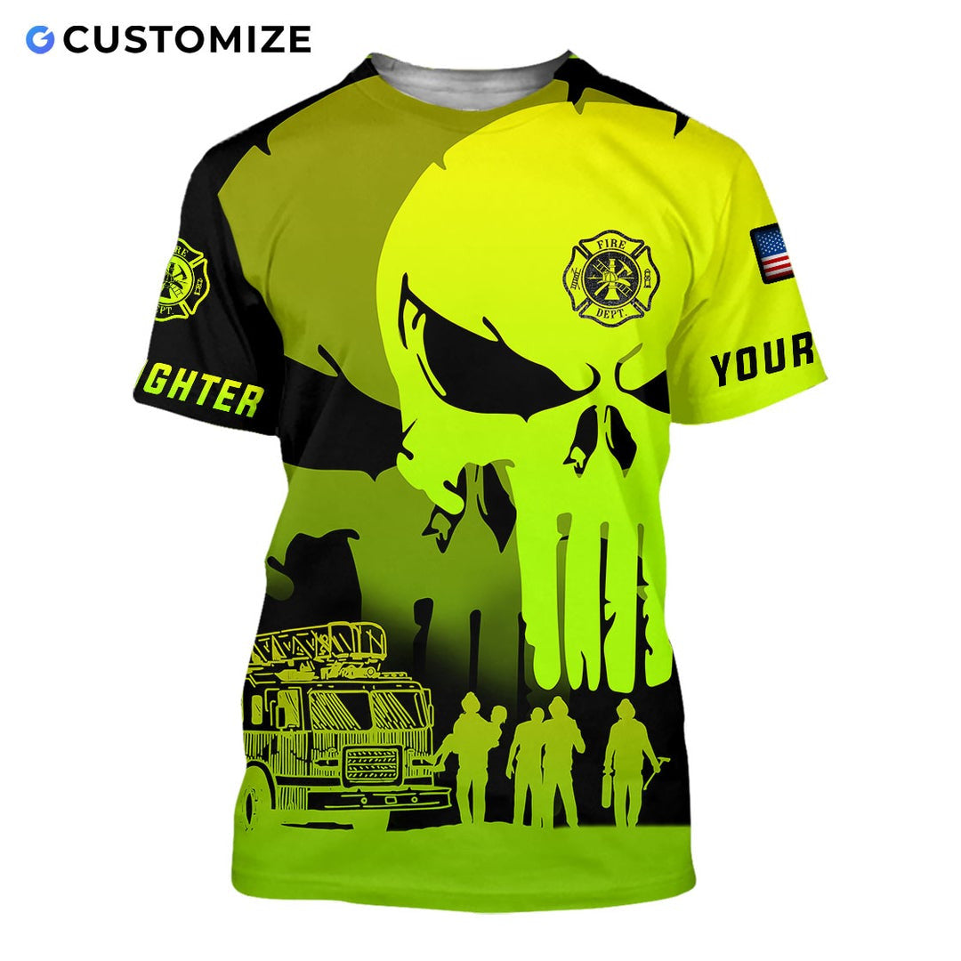 Personalized firefighter t-shirt featuring neon yellow skull print all-over print, short-sleeve design