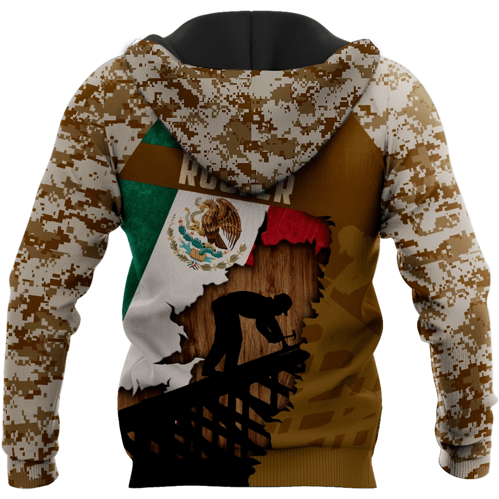 Roofer apparel featuring Mexican flag roofer silhouette and camouflage all-over print