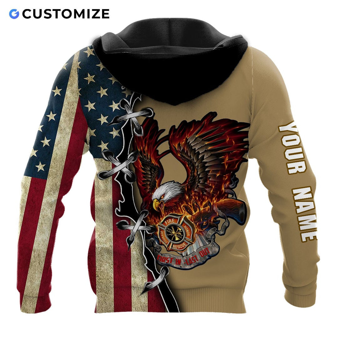 Personalized firefighter hoodie featuring flame eagle and american flag all-over print, back view