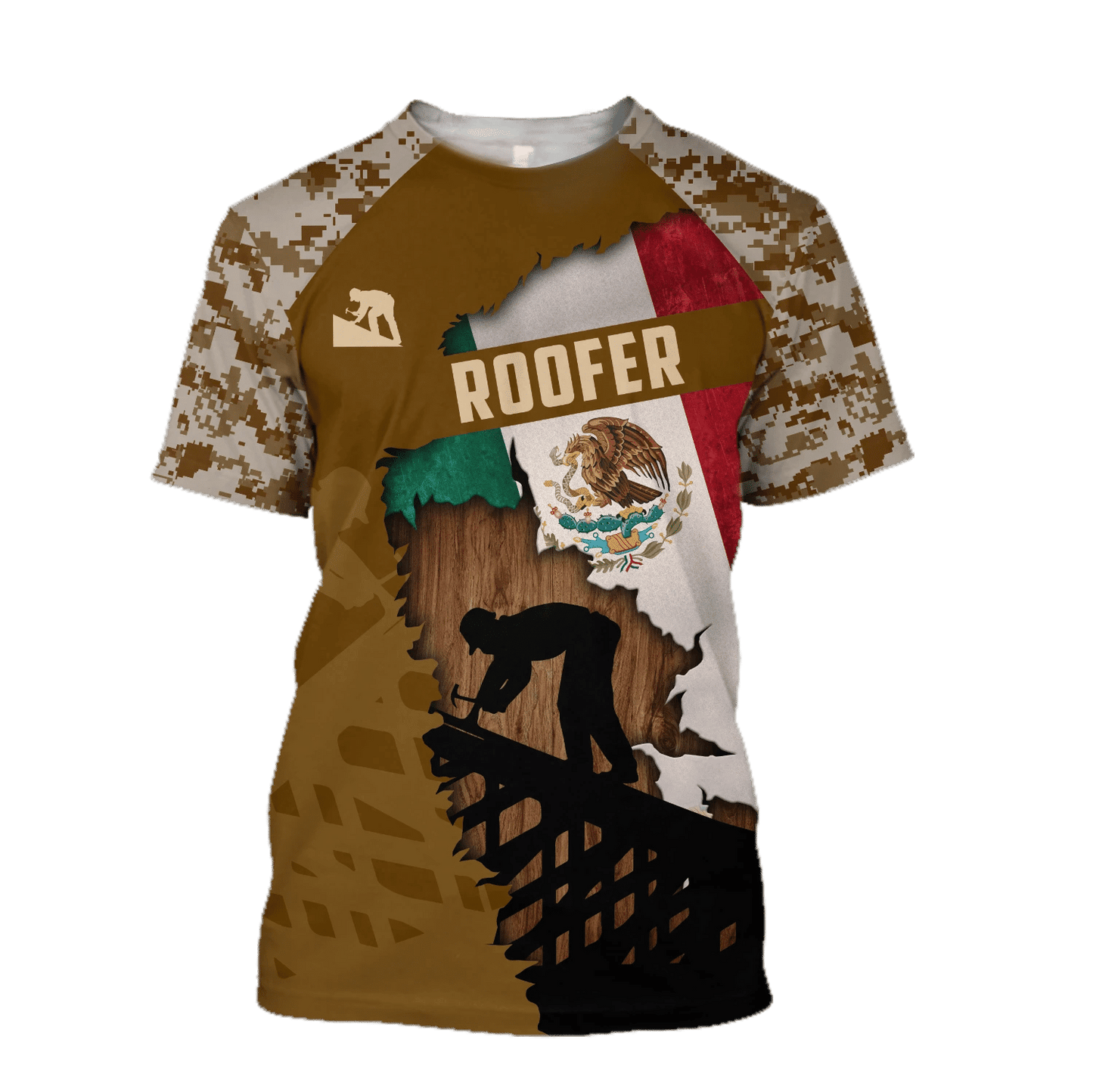 Roofer t-shirt featuring Mexican flag roofer silhouette and camouflage all-over print