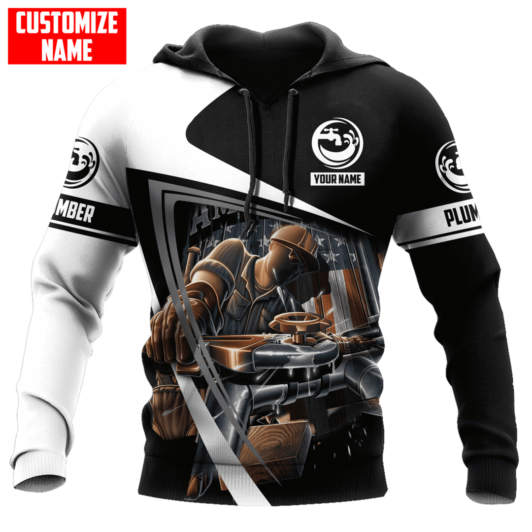 Personalized plumber hoodie featuring black white plumber at work all-over print