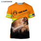 Personalized logger t-shirt featuring orange forest chainsaw scene all-over print, short-sleeve design
