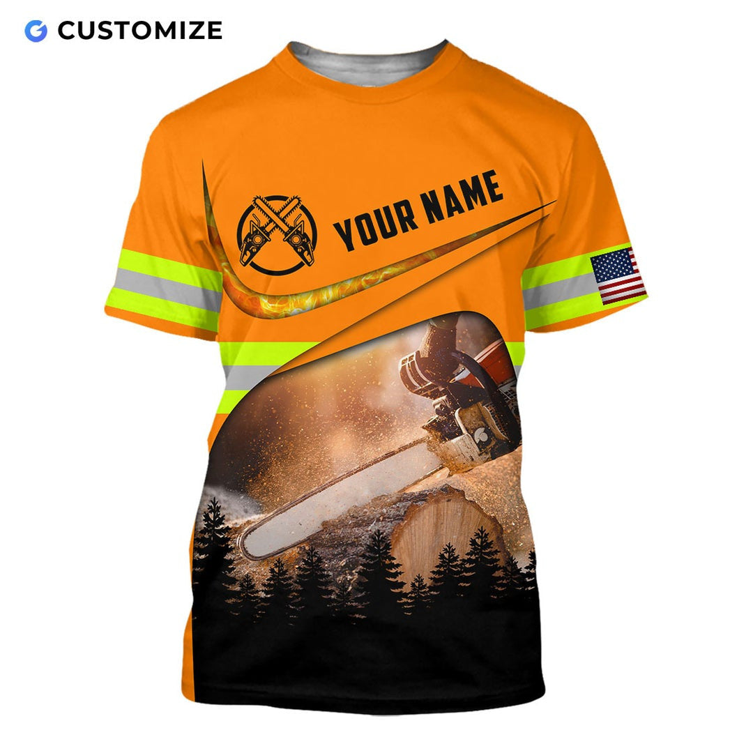 Personalized logger t-shirt featuring orange forest chainsaw scene all-over print, short-sleeve design