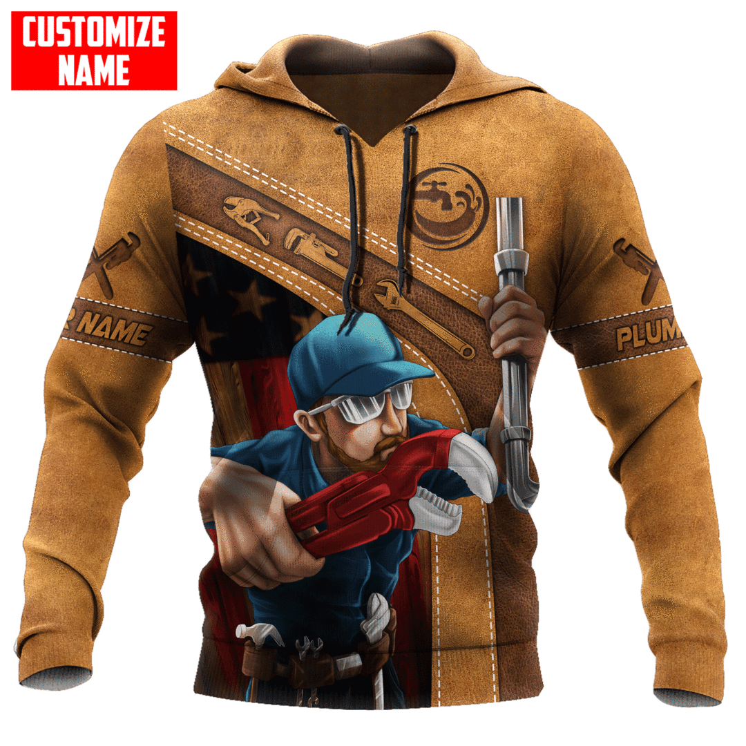 Personalized plumber hoodie featuring tan plumber pipe wrench illustration all-over print