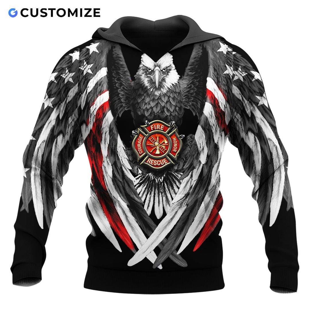 Personalized firefighter hoodie featuring eagle wings fire badge all-over print