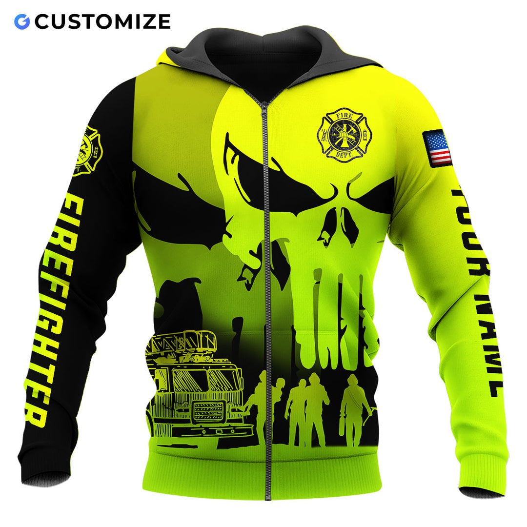 Personalized firefighter zip hoodie featuring neon yellow skull print all-over print, zip-front design