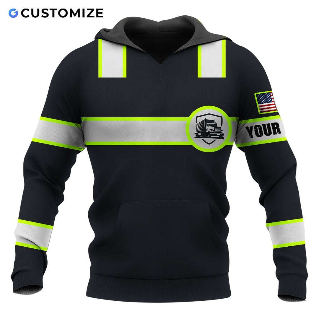Personalized trucker hoodie featuring black yellow stripe trucker badge all-over print