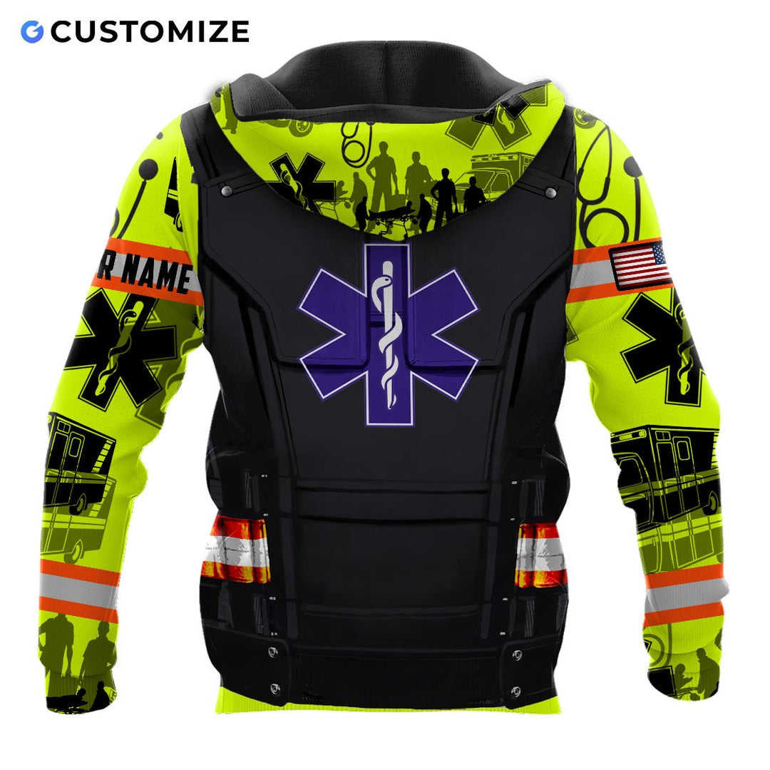 Personalized EMS paramedic hoodie featuring purple star of life vest print all-over print, back view