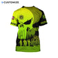 Personalized firefighter t-shirt featuring neon yellow skull print all-over print, back view