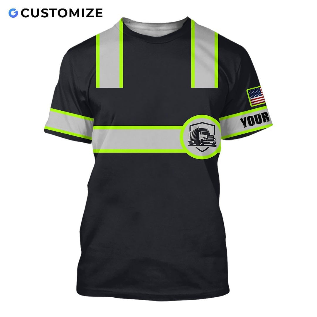 Personalized trucker t-shirt featuring black yellow stripe trucker badge all-over print, short-sleeve design