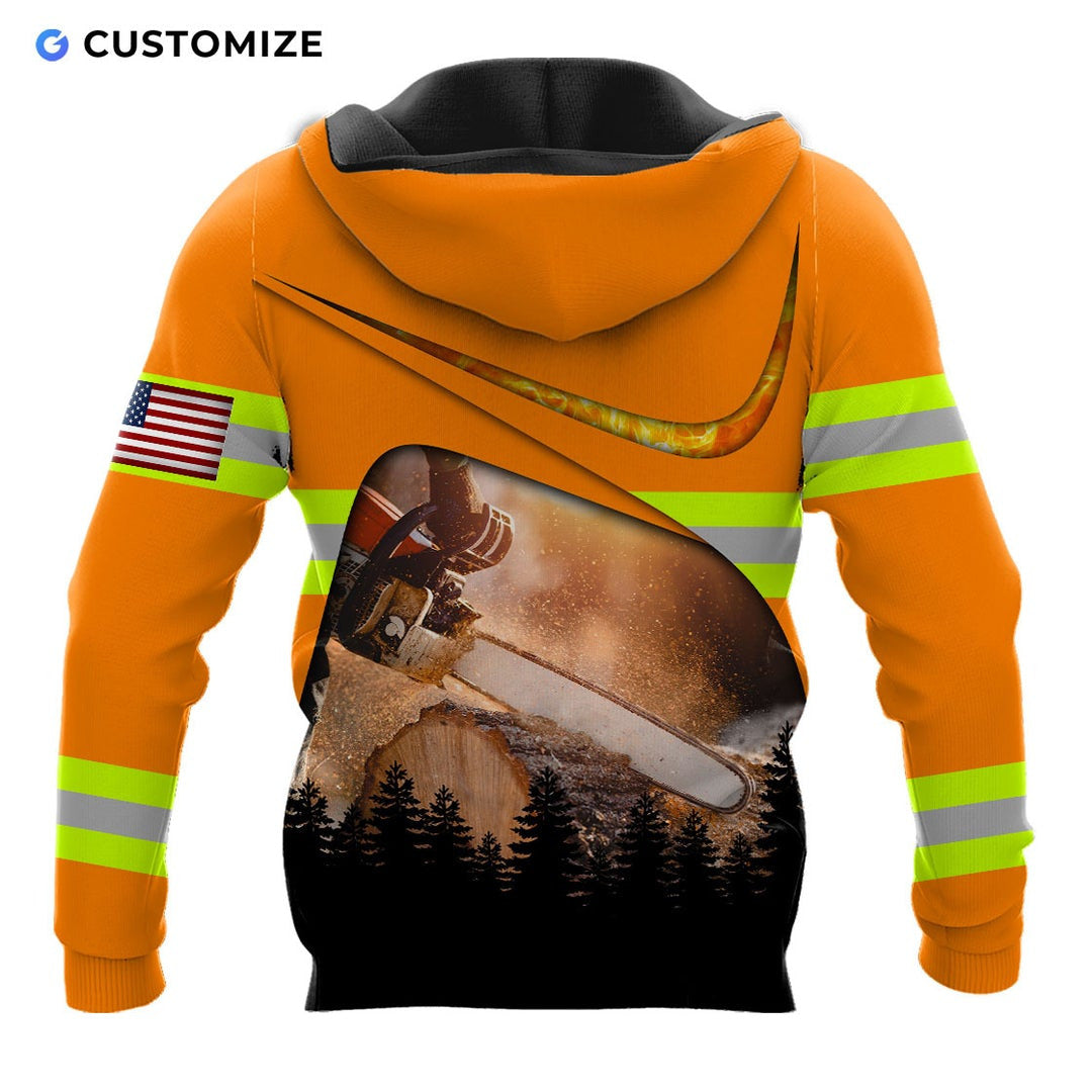 Personalized logger hoodie featuring orange forest chainsaw scene all-over print, back view