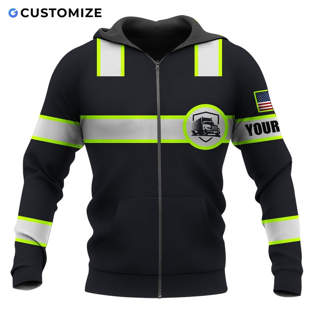 Personalized trucker zip hoodie featuring black yellow stripe trucker badge all-over print, zip-front design