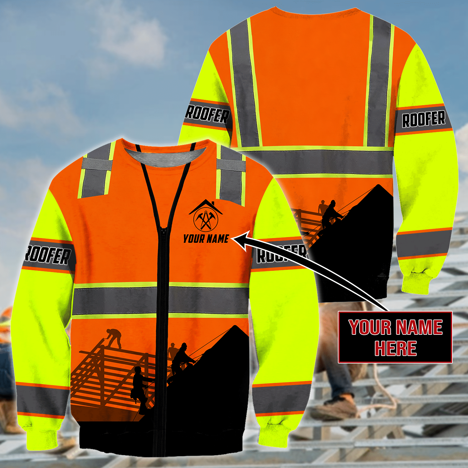 Personalized roofer sweatshirt featuring orange vest print and roofer silhouette all-over print