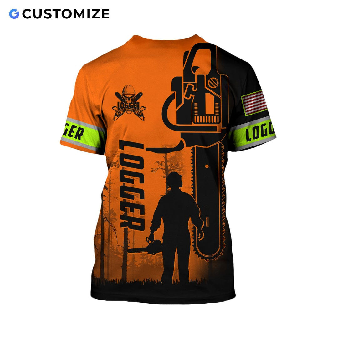 Personalized logger t-shirt featuring orange black logger silhouette all-over print, back view