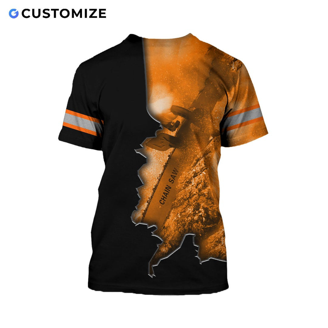 Personalized logger t-shirt featuring orange black chainsaw sparks all-over print, back view