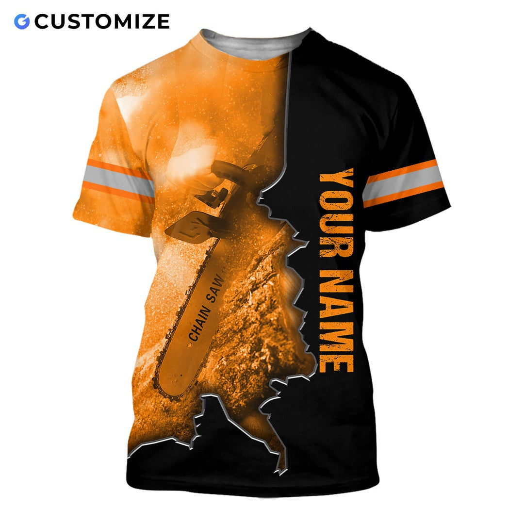 Personalized logger t-shirt featuring orange black chainsaw sparks all-over print, short-sleeve design