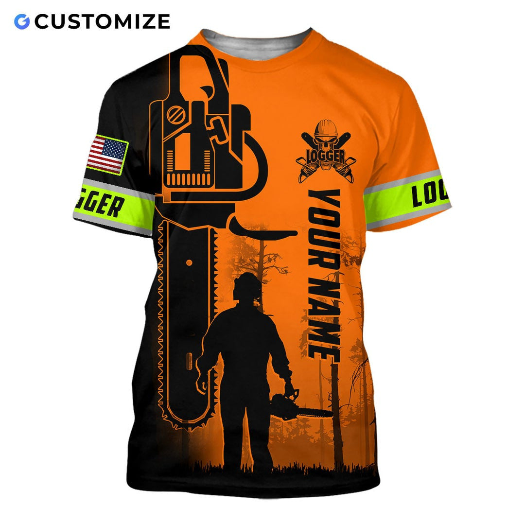 Personalized logger t-shirt featuring orange black logger silhouette all-over print, short-sleeve design