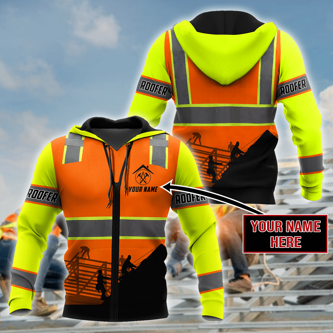Personalized roofer hoodie featuring orange vest print and roofer silhouette all-over print