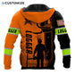 Personalized logger hoodie featuring orange black logger silhouette all-over print, back view