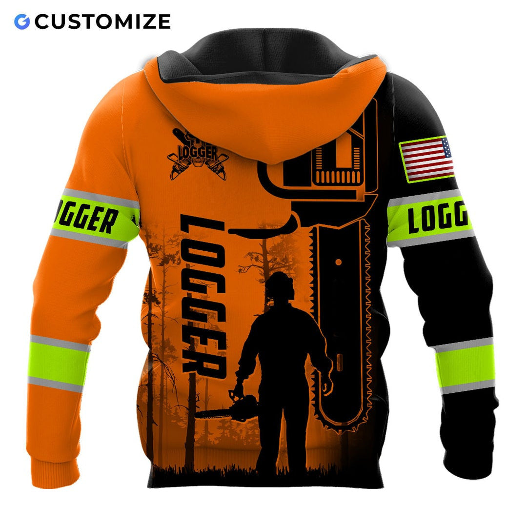 Personalized logger hoodie featuring orange black logger silhouette all-over print, back view