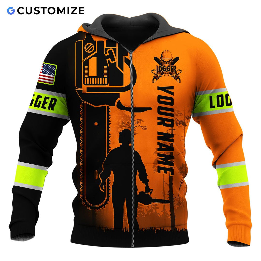 Personalized logger zip hoodie featuring orange black logger silhouette all-over print, zip-front design