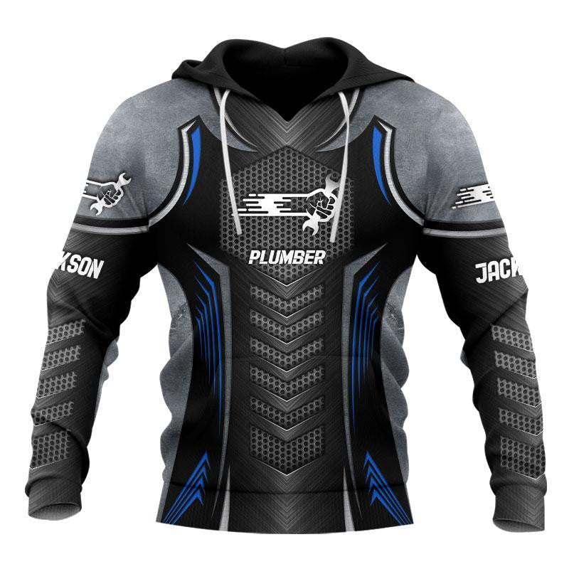 Personalized plumber hoodie featuring black blue plumbing armour print all-over print