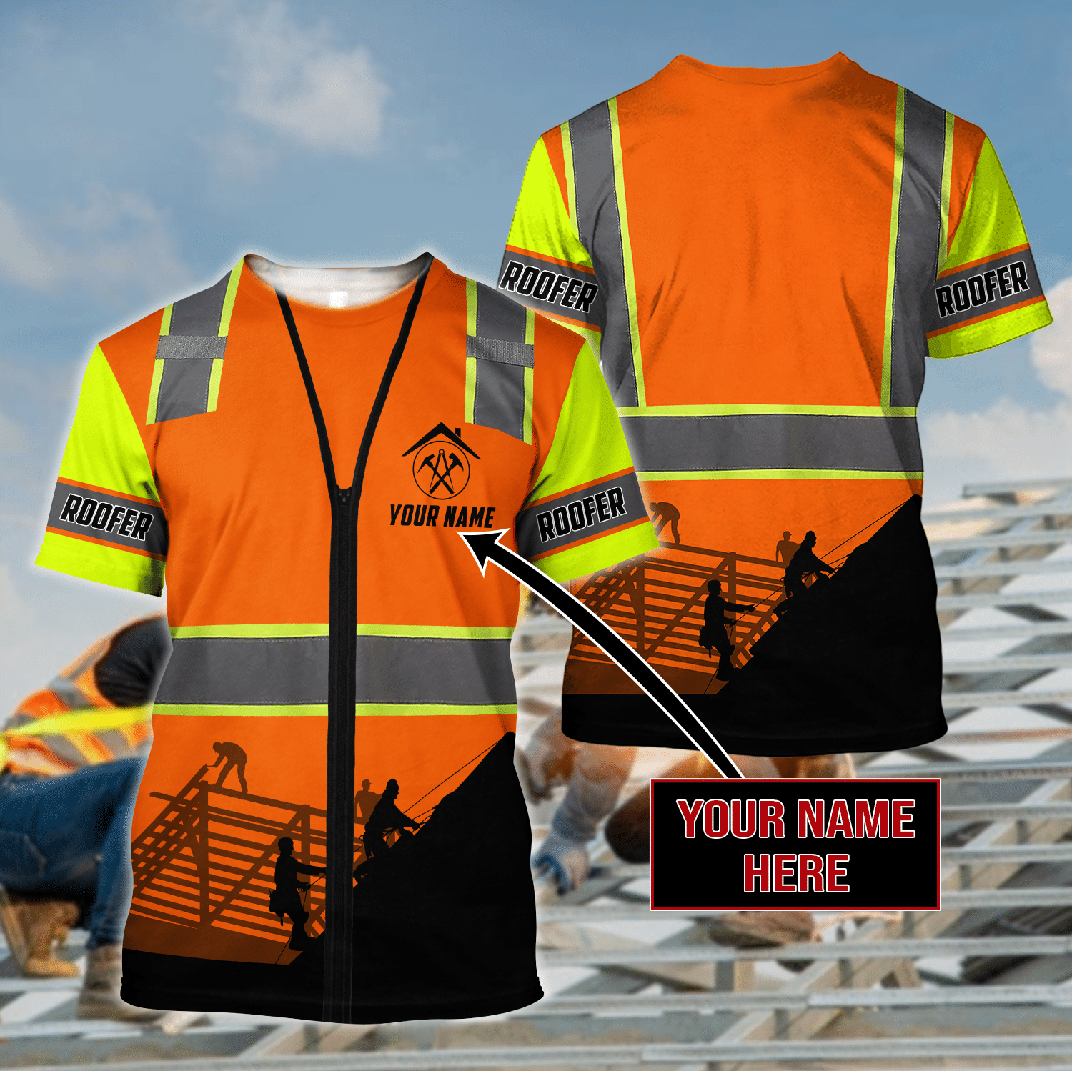 Personalized roofer t-shirt featuring orange vest print and roofer silhouette all-over print
