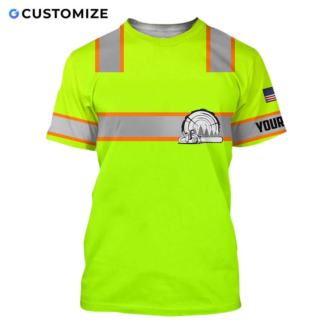 Personalized logger t-shirt featuring neon yellow orange stripe logger badge all-over print, short-sleeve design