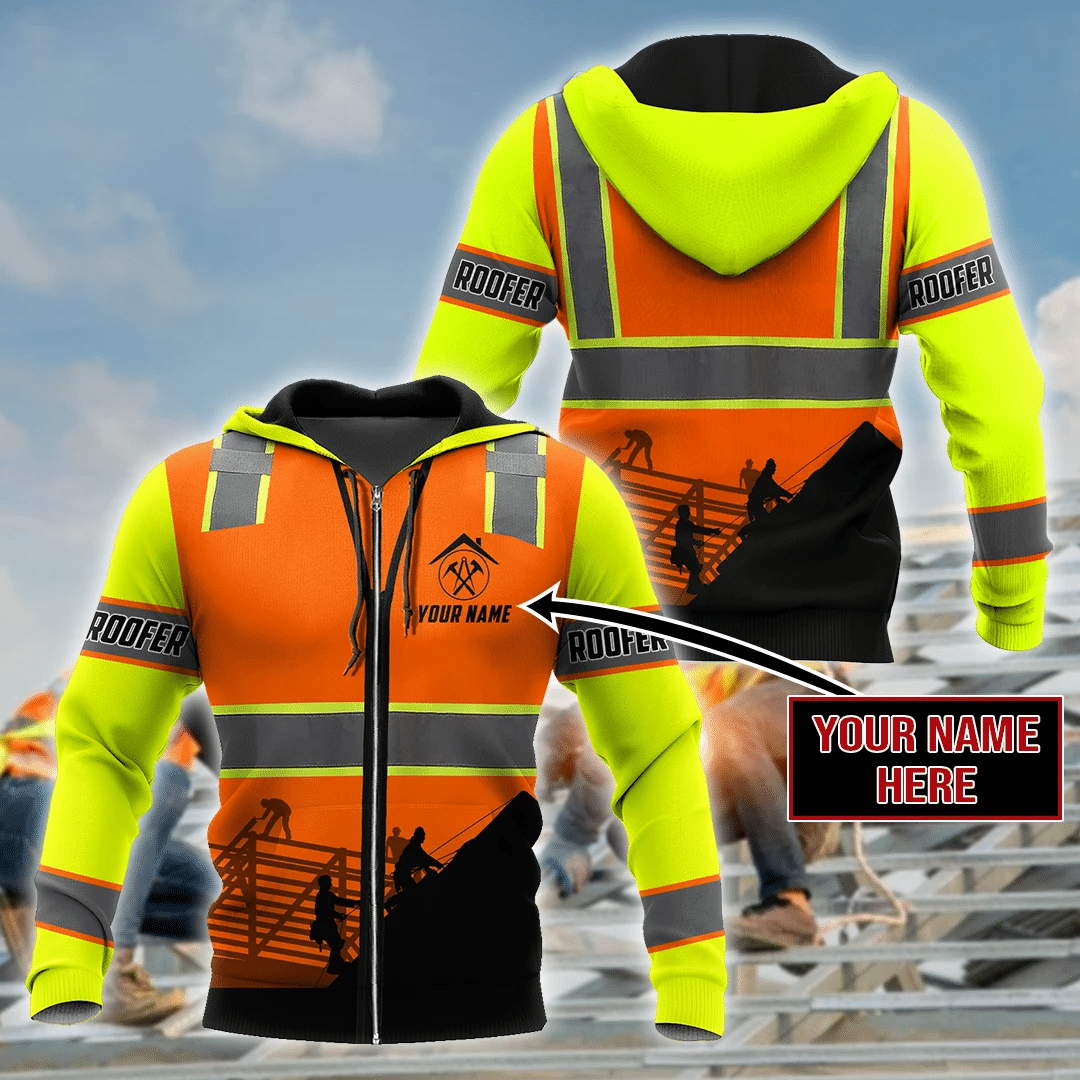 Personalized roofer zip hoodie featuring orange vest print and roofer silhouette all-over print