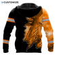 Personalized logger hoodie featuring orange black chainsaw sparks all-over print, back view