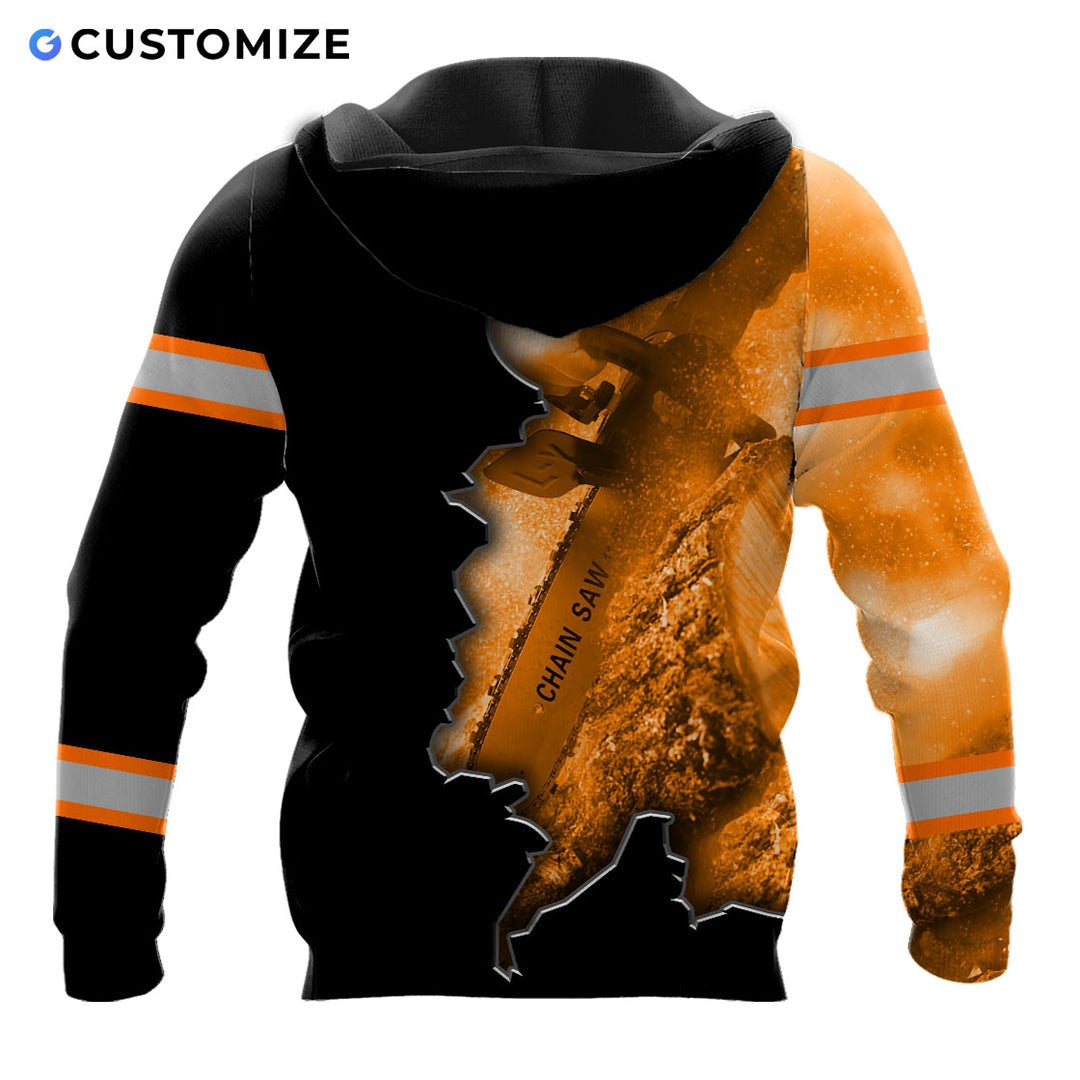 Personalized logger hoodie featuring orange black chainsaw sparks all-over print, back view