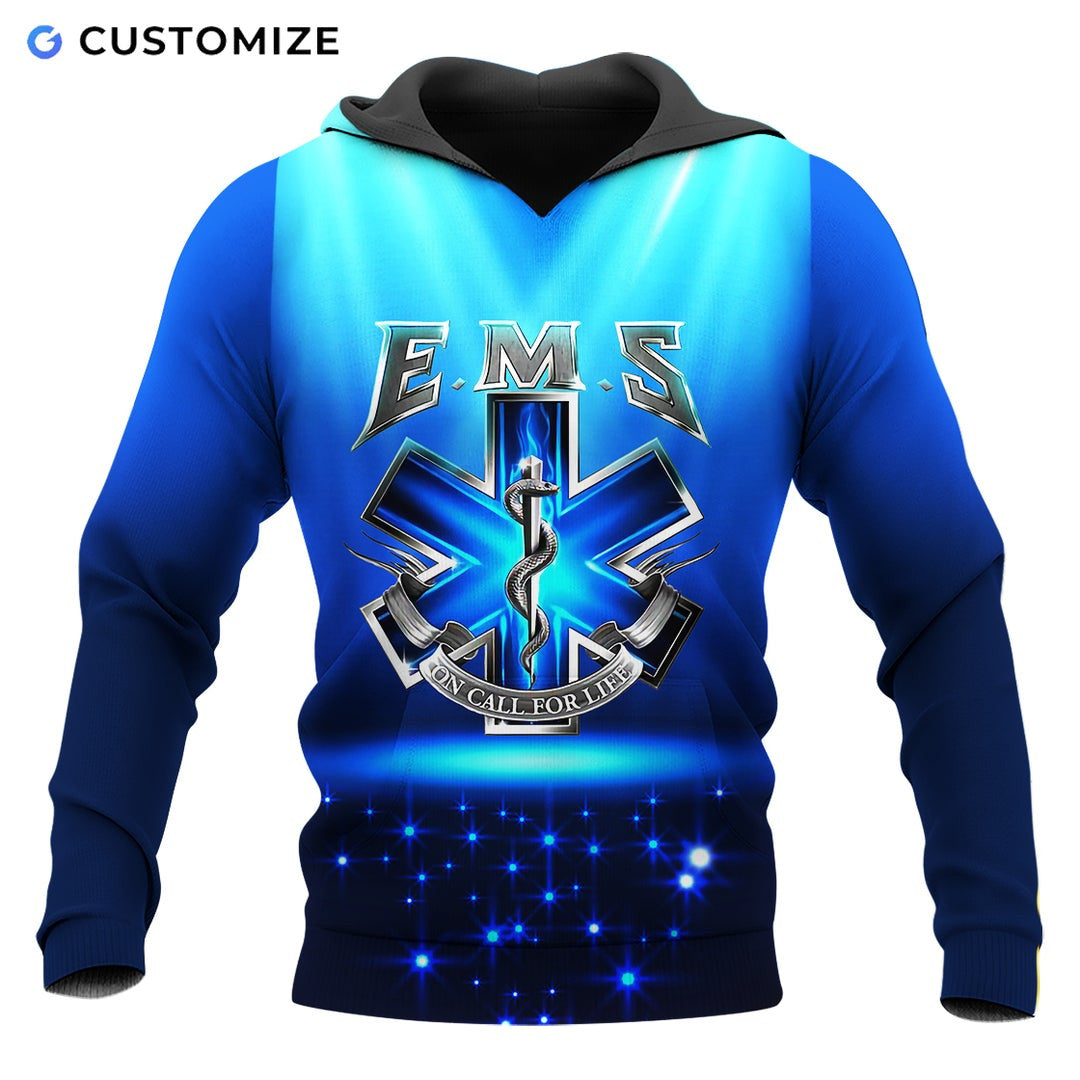 Personalized EMS paramedic hoodie featuring blue ems on call for life all-over print