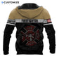 Personalized firefighter hoodie featuring tan and black fire department all-over print, back view