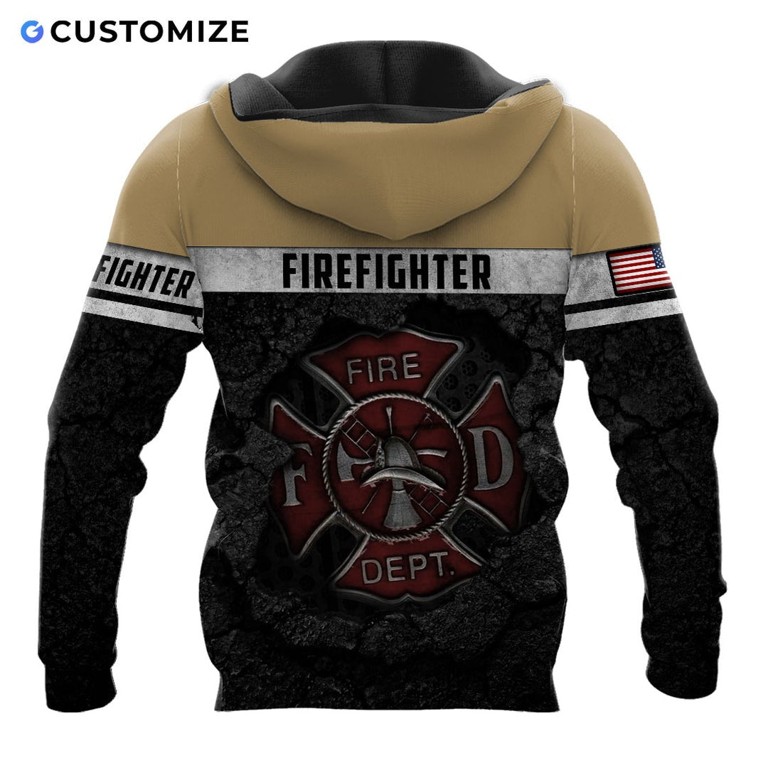 Personalized firefighter hoodie featuring tan and black fire department all-over print, back view