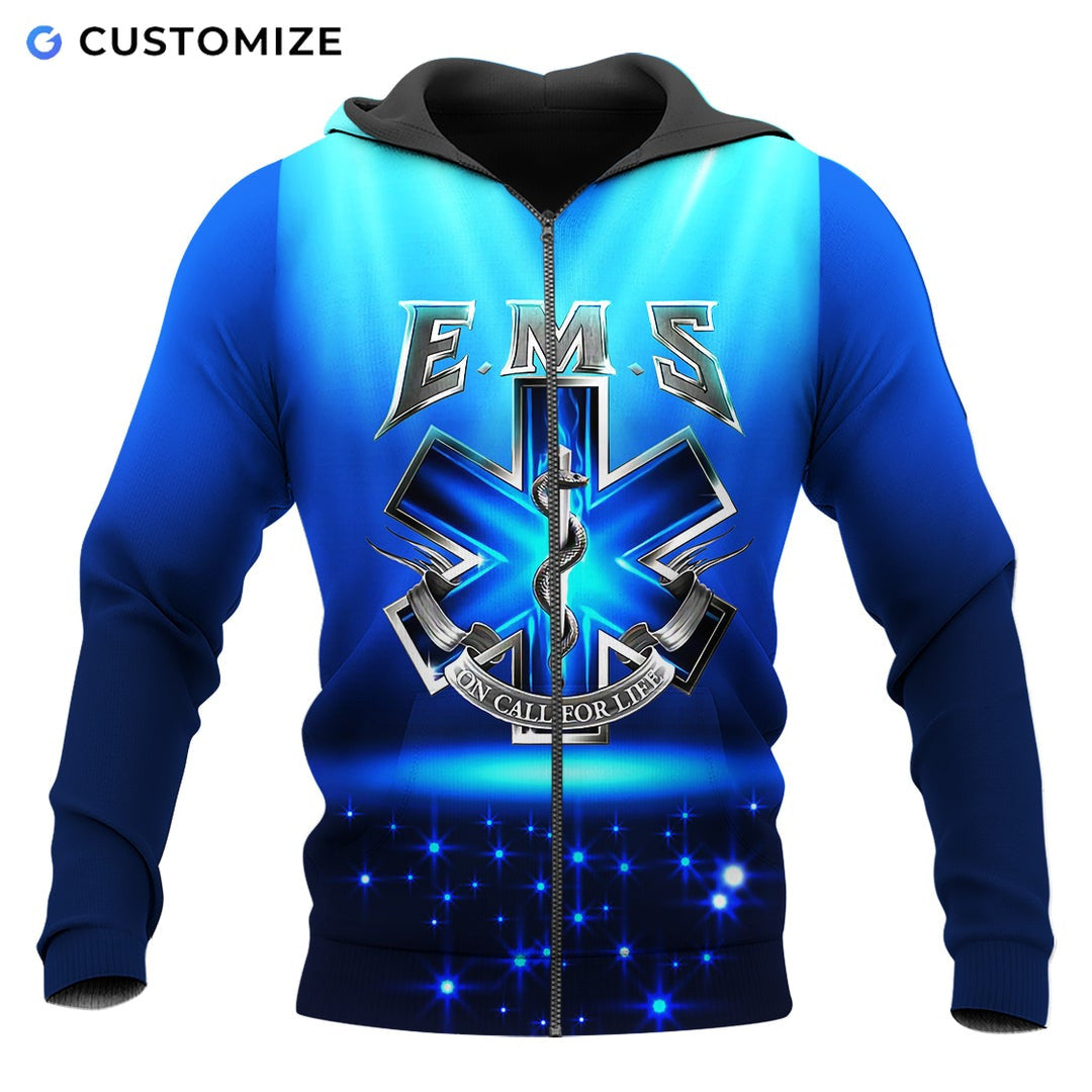 Personalized EMS paramedic zip hoodie featuring blue ems on call for life all-over print, zip-front design