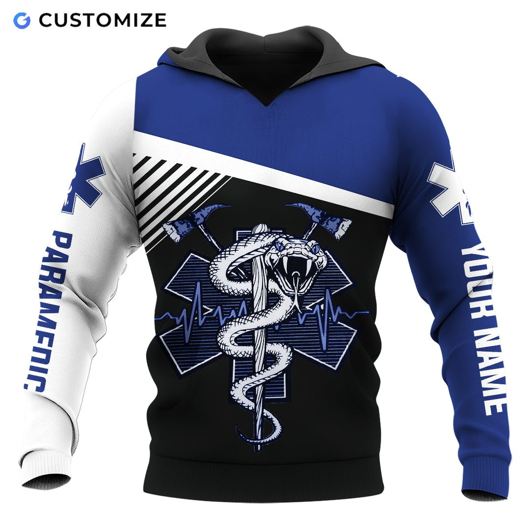 Personalized EMS paramedic hoodie featuring blue and white snake emblem all-over print