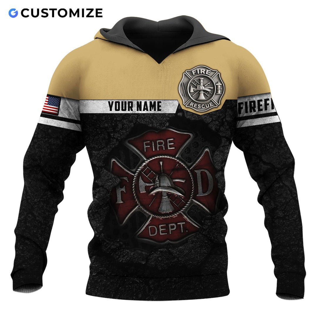 Personalized firefighter hoodie featuring tan and black fire department all-over print