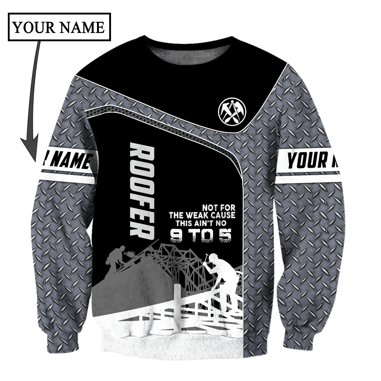 Personalized roofer sweatshirt featuring grey steel plate and roof frame all-over print