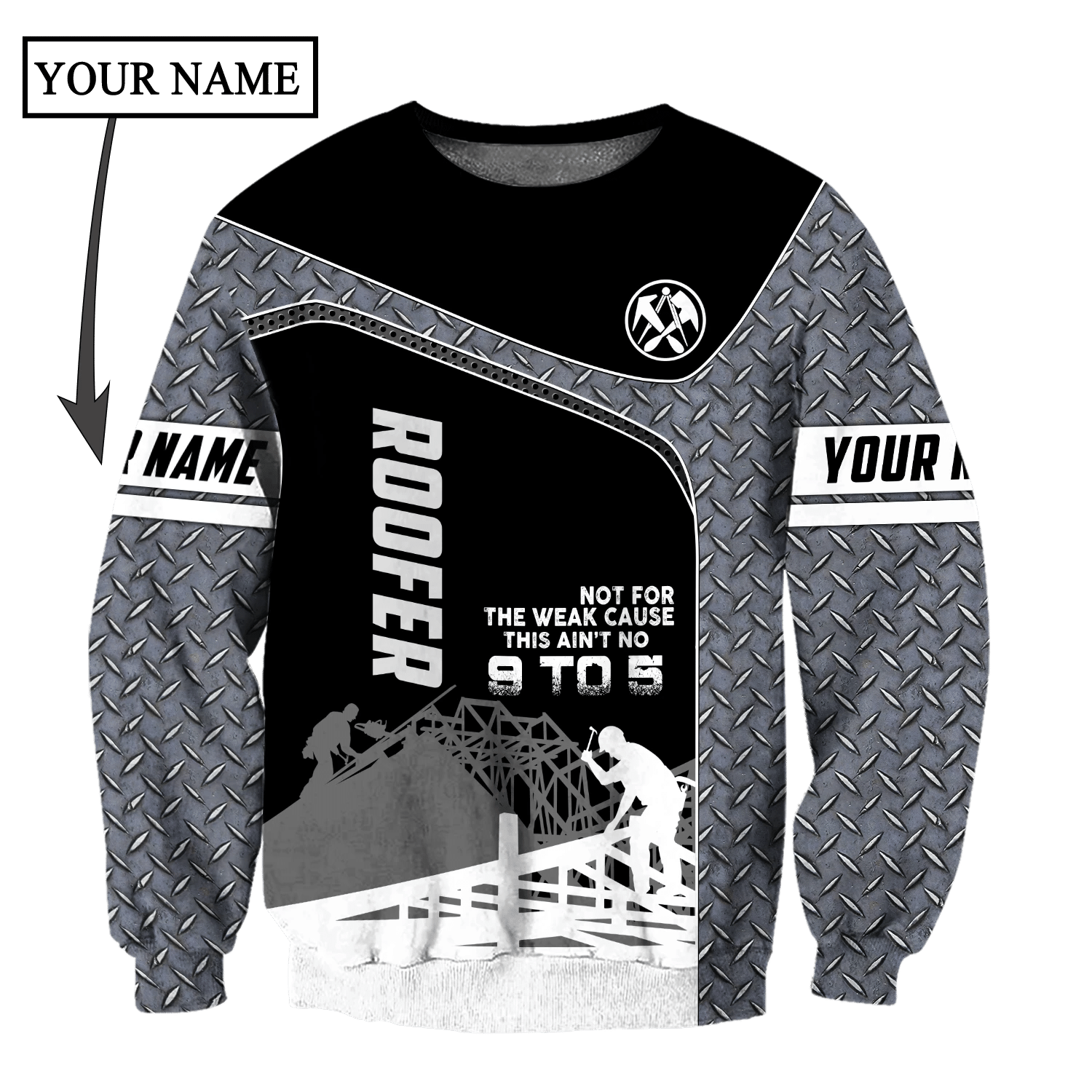 Personalized roofer sweatshirt featuring grey steel plate and roof frame all-over print