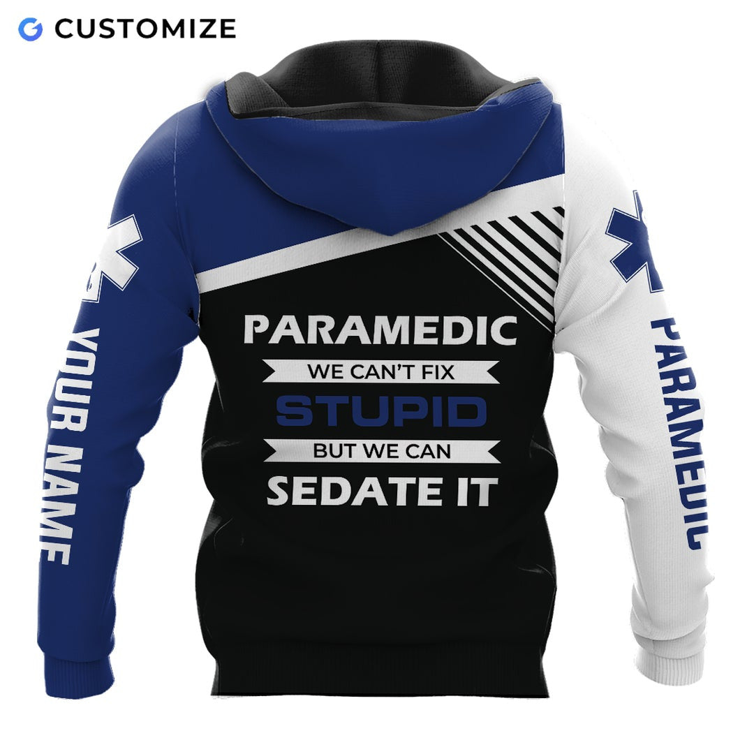 Personalized EMS paramedic hoodie featuring blue and white snake emblem all-over print, back view