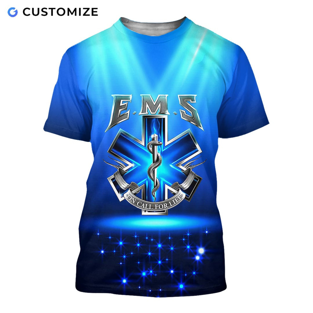 Personalized EMS paramedic t-shirt featuring blue ems on call for life all-over print, short-sleeve design
