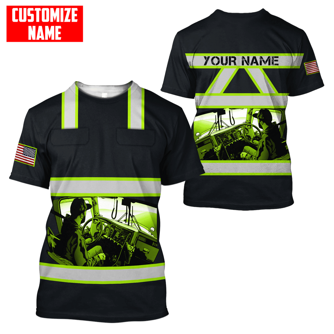 Personalized trucker t-shirt featuring black and yellow truck driver print all-over print, short-sleeve design