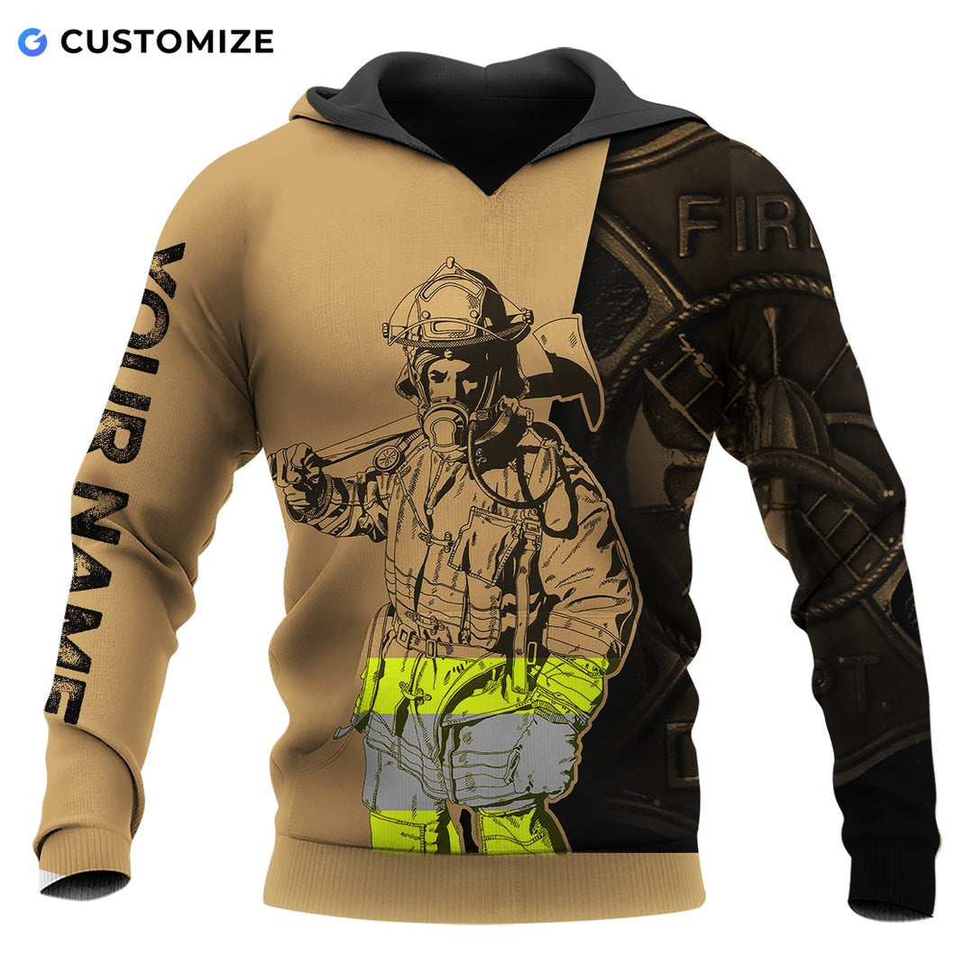 Personalized firefighter hoodie featuring tan firefighter illustration all-over print