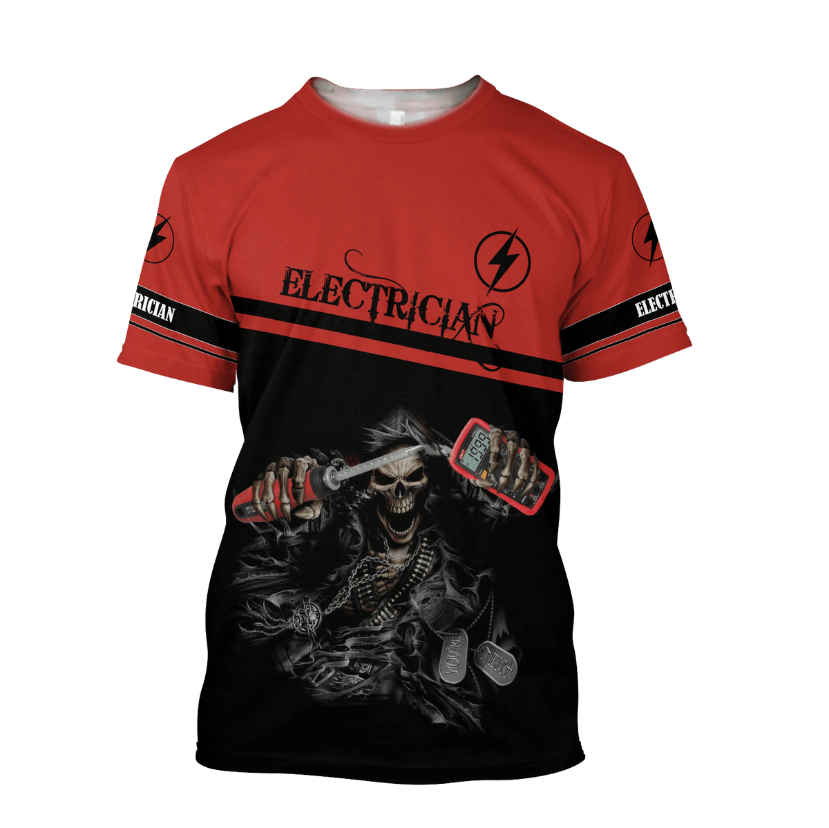 Personalized electrician t-shirt featuring red black electrician skull all-over print