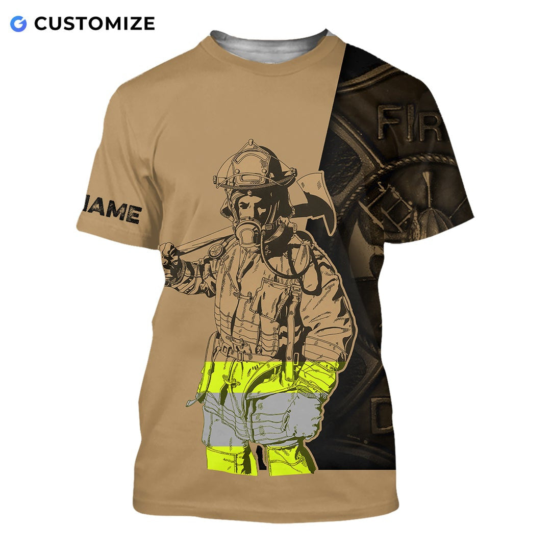 Personalized firefighter t-shirt featuring tan firefighter illustration all-over print, short-sleeve design