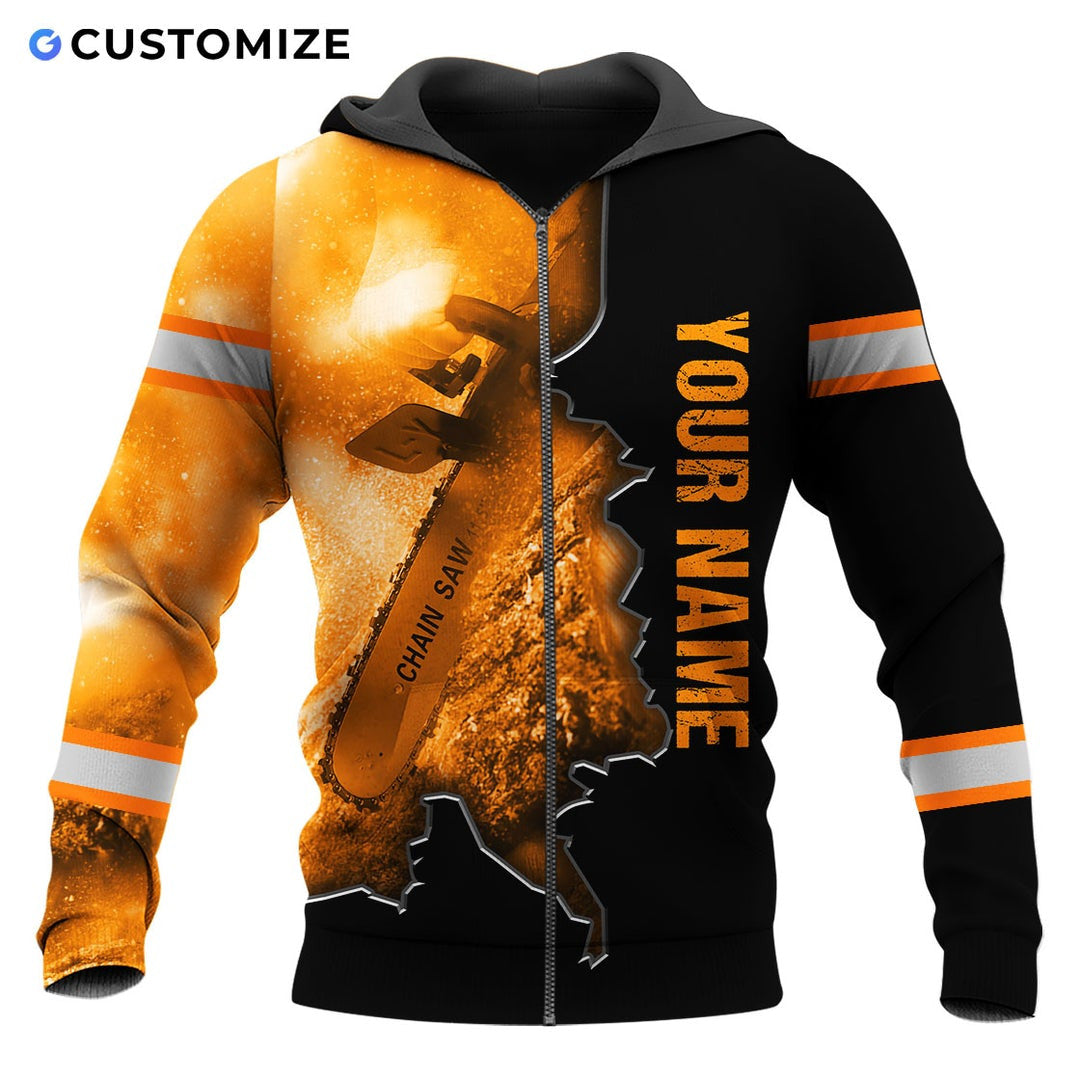 Personalized logger zip hoodie featuring orange black chainsaw sparks all-over print, zip-front design