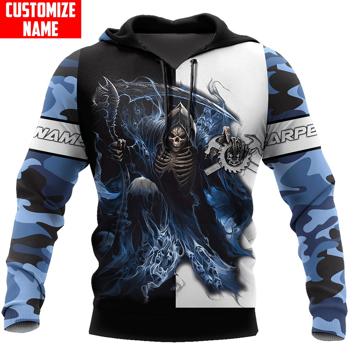 Personalized carpenter hoodie featuring blue camouflage grim reaper all-over print