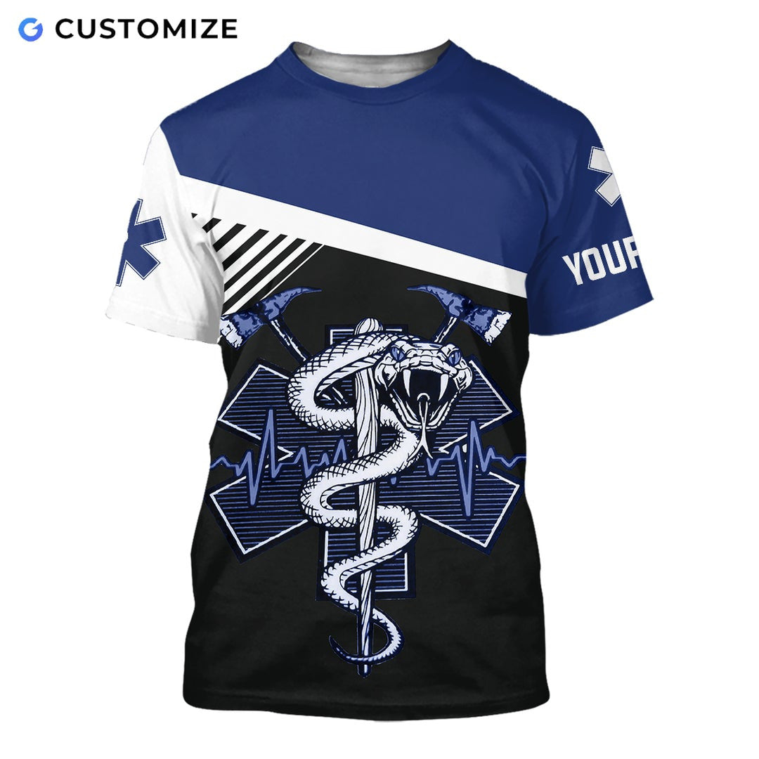 Personalized EMS paramedic t-shirt featuring blue and white snake emblem all-over print, short-sleeve design